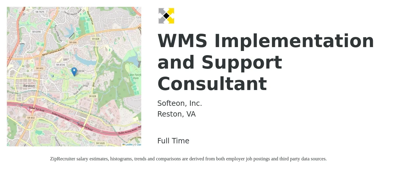 Softeon, Inc. job posting for a WMS Implementation and Support Consultant in Reston, VA with a salary of $76,100 to $154,300 Yearly with a map of Reston location.