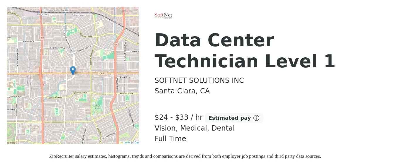 SOFTNET SOLUTIONS INC job posting for a Data Center Technician Level 1 in Santa Clara, CA with a salary of $25 to $35 Hourly and benefits including vision, dental, and medical with a map of Santa Clara location.