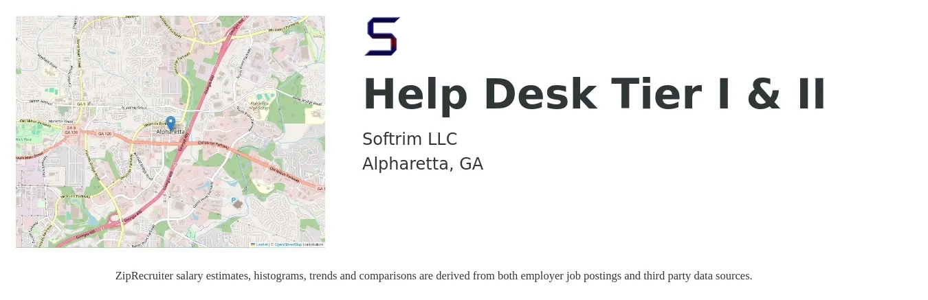 Softrim LLC job posting for a Help Desk Tier I & II in Alpharetta, GA with a salary of $18 to $21 Hourly with a map of Alpharetta location.