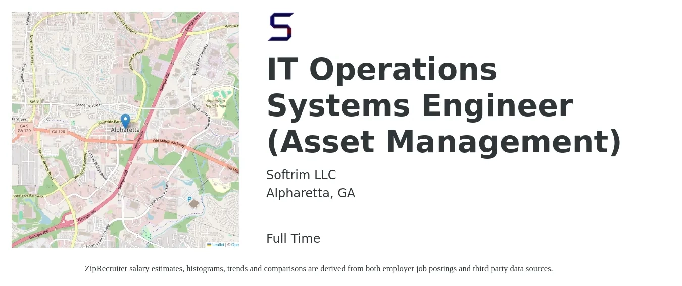 Softrim job posting for a IT Operations Systems Engineer (Asset Management) in Alpharetta, GA with a salary of $69,000 to $97,000 Yearly with a map of Alpharetta location.