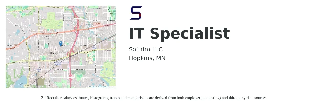 Softrim LLC job posting for a IT Specialist in Hopkins, MN with a salary of $47,400 to $113,500 Yearly with a map of Hopkins location.