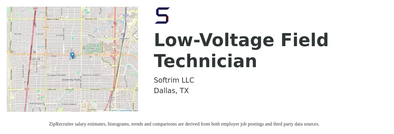 Softrim LLC job posting for a Low-Voltage Field Technician in Dallas, TX with a salary of $19 to $26 Hourly with a map of Dallas location.