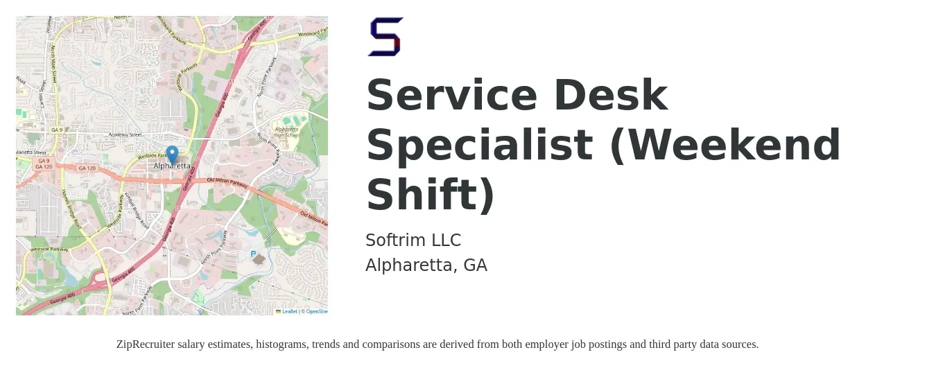 Softrim LLC job posting for a Service Desk Specialist (Weekend Shift) in Alpharetta, GA with a salary of $22 to $33 Hourly with a map of Alpharetta location.
