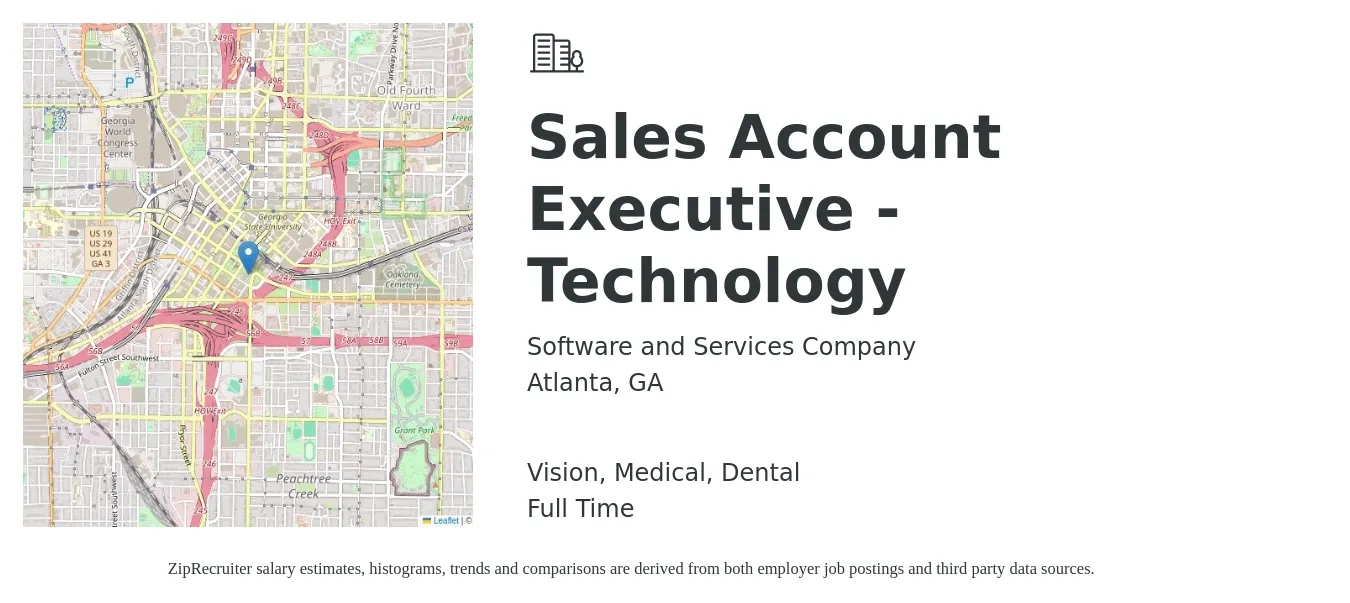 Software and Services Company job posting for a Sales Account Executive - Technology in Atlanta, GA with a salary of $51,400 to $80,800 Yearly and benefits including dental, life_insurance, medical, pto, retirement, and vision with a map of Atlanta location.
