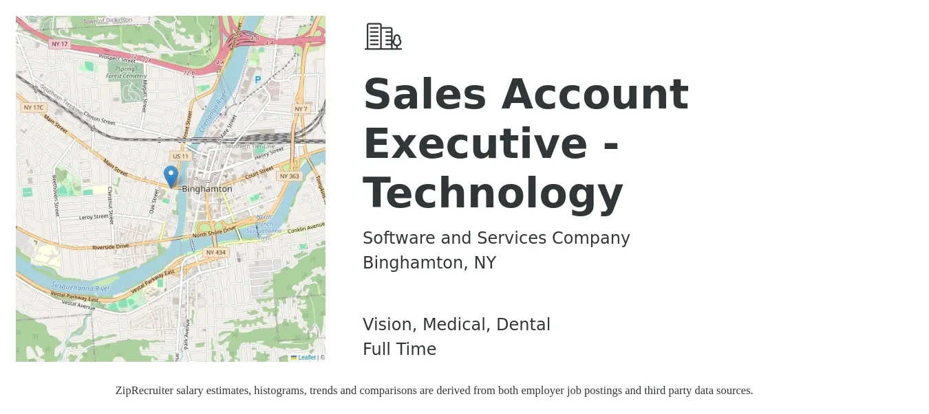 Software and Services Company job posting for a Sales Account Executive - Technology in Binghamton, NY with a salary of $51,200 to $80,500 Yearly and benefits including retirement, vision, dental, life_insurance, and medical with a map of Binghamton location.