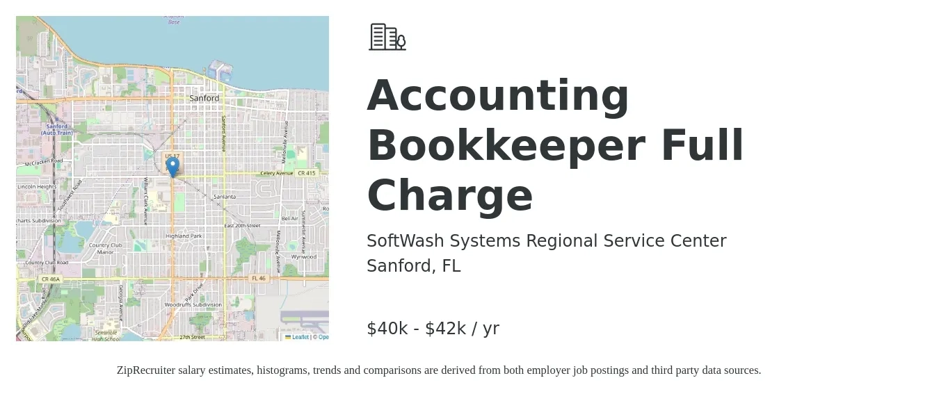SoftWash Systems Regional Service Center job posting for a Accounting Bookkeeper Full Charge in Sanford, FL with a salary of $40,000 to $42,000 Yearly with a map of Sanford location.