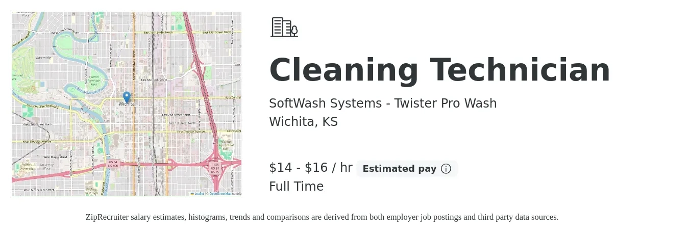 SoftWash Systems - Twister Pro Wash job posting for a Cleaning Technician in Wichita, KS with a salary of $15 to $17 Hourly with a map of Wichita location.