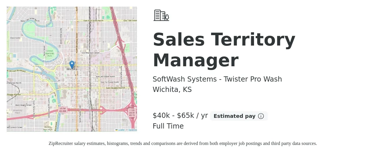 SoftWash Systems - Twister Pro Wash job posting for a Sales Territory Manager in Wichita, KS with a salary of $40,000 to $65,000 Yearly with a map of Wichita location.