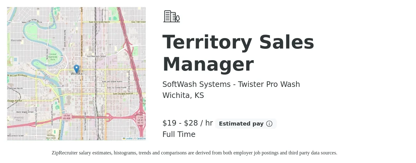 SoftWash Systems - Twister Pro Wash job posting for a Territory Sales Manager in Wichita, KS with a salary of $20 to $30 Hourly with a map of Wichita location.
