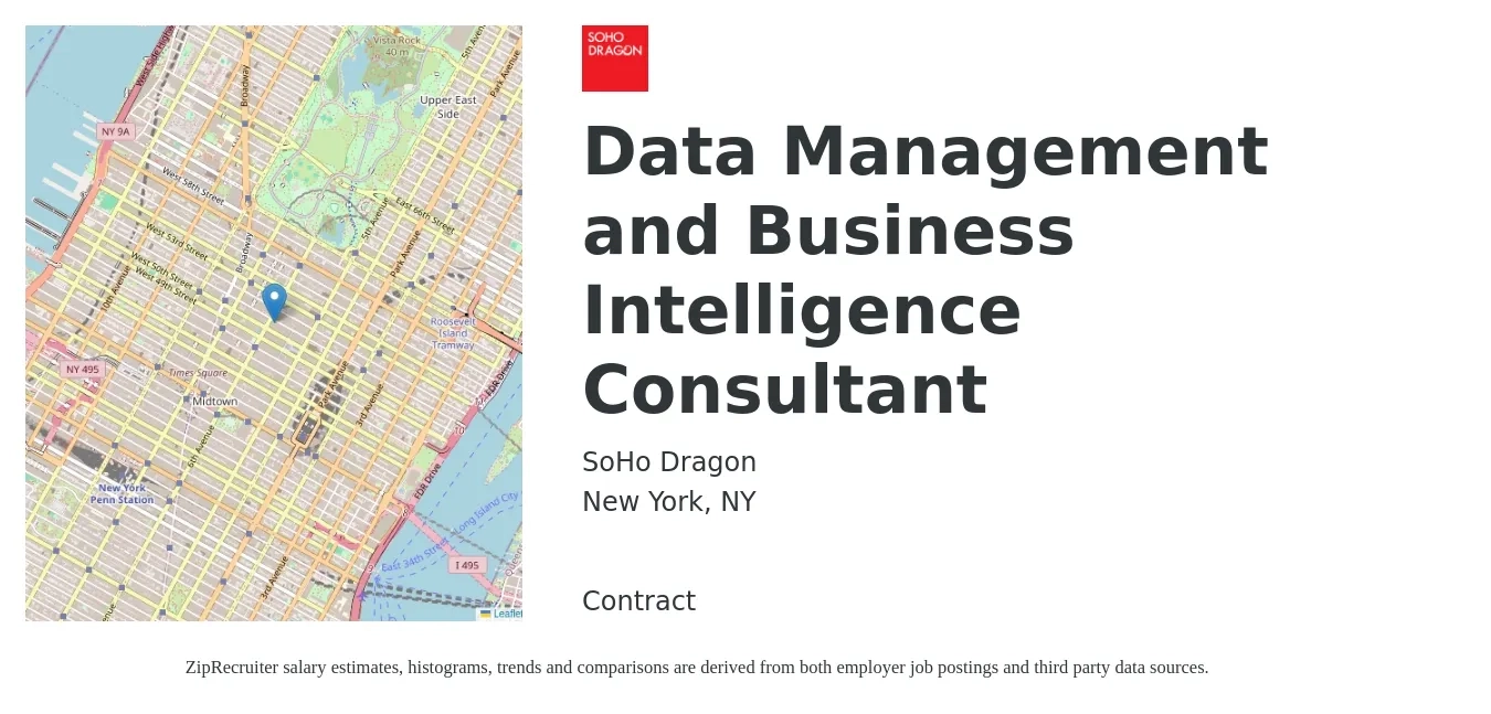 SoHo Dragon job posting for a Data Management and Business Intelligence Consultant in New York, NY with a salary of $53 to $72 Hourly with a map of New York location.