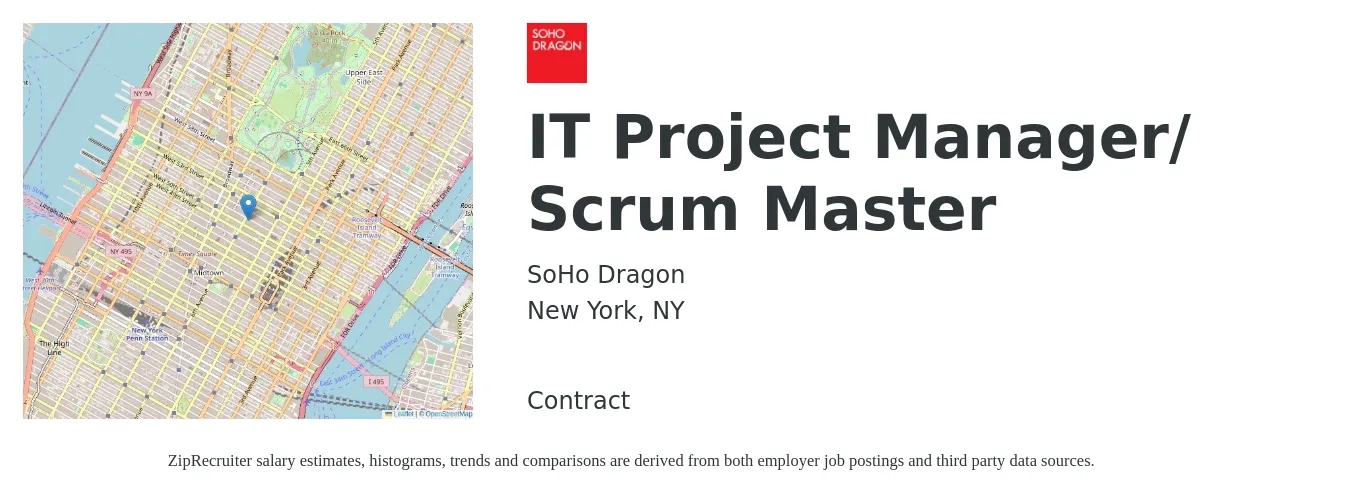 SoHo Dragon job posting for a IT Project Manager/ Scrum Master in New York, NY with a salary of $108,400 to $128,200 Yearly with a map of New York location.
