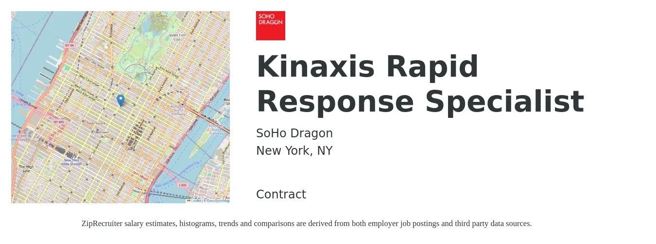 SoHo Dragon job posting for a Kinaxis Rapid Response Specialist in New York, NY with a salary of $69,500 to $132,400 Yearly with a map of New York location.
