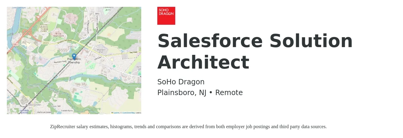 SoHo Dragon job posting for a Salesforce Solution Architect in Plainsboro, NJ with a salary of $70 to $88 Hourly with a map of Plainsboro location.