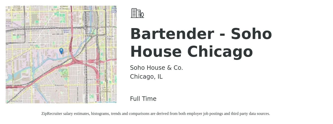 Soho House & Co. job posting for a Bartender - Soho House Chicago in Chicago, IL with a salary of $10 to $19 Hourly with a map of Chicago location.