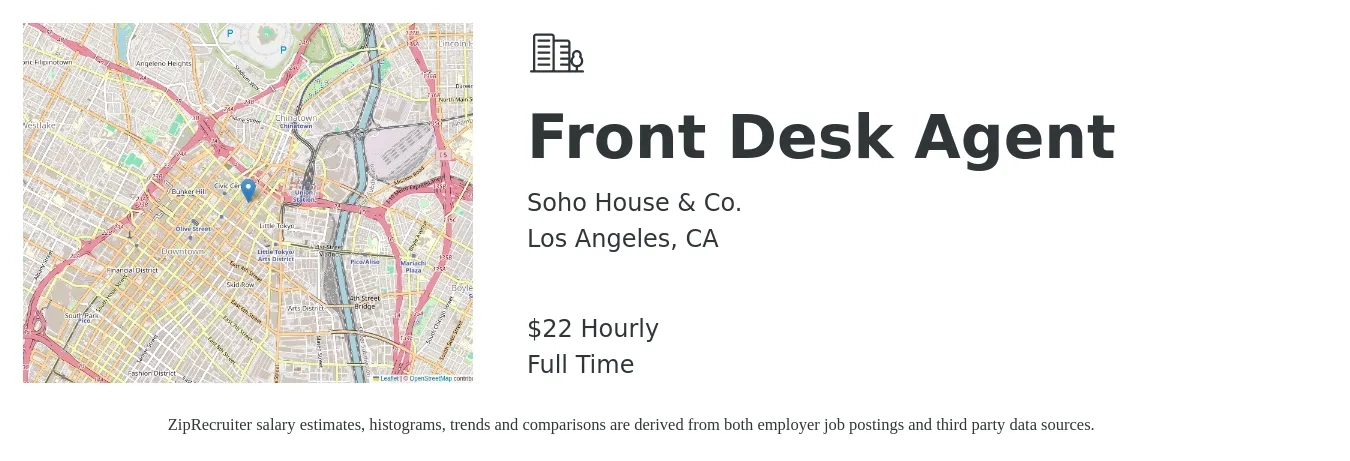 Soho House & Co. job posting for a Front Desk Agent in Los Angeles, CA with a salary of $23 Hourly with a map of Los Angeles location.