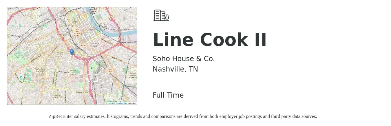 Soho House & Co. job posting for a Line Cook II in Nashville, TN with a salary of $15 to $19 Hourly with a map of Nashville location.