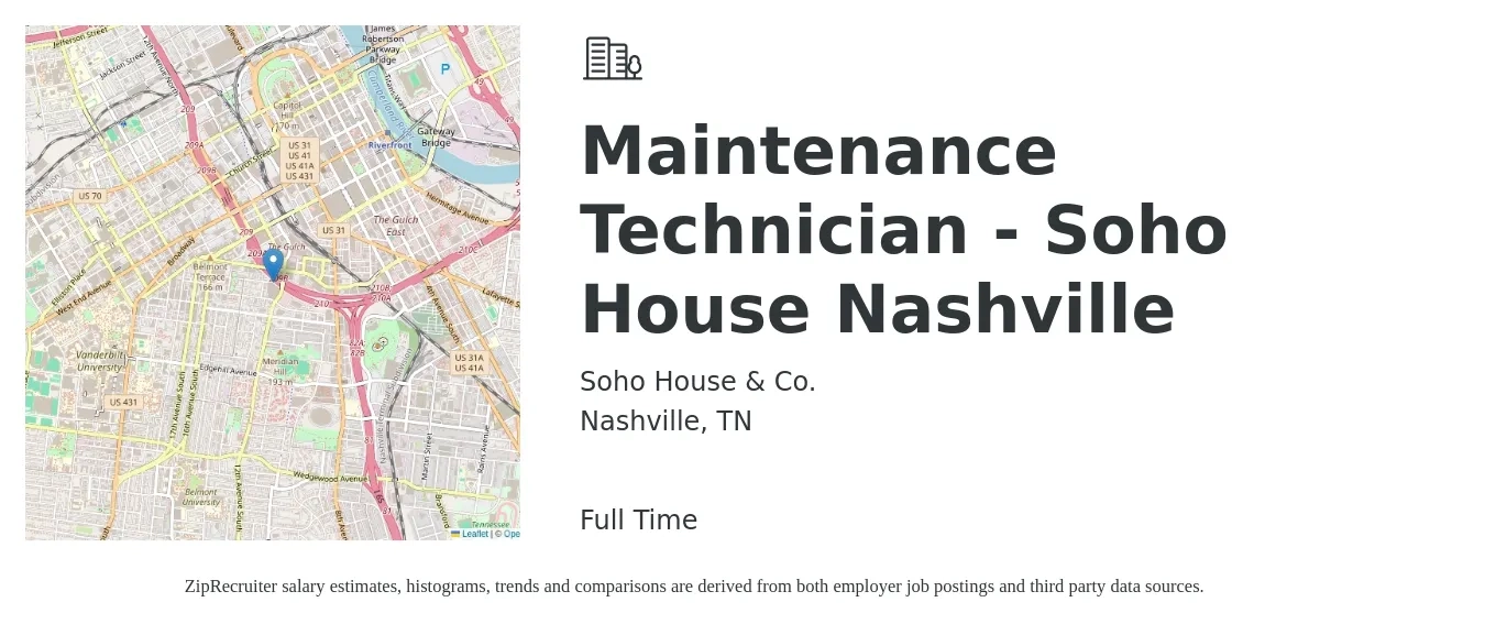 Soho House & Co. job posting for a Maintenance Technician - Soho House Nashville in Nashville, TN with a salary of $18 to $26 Hourly with a map of Nashville location.
