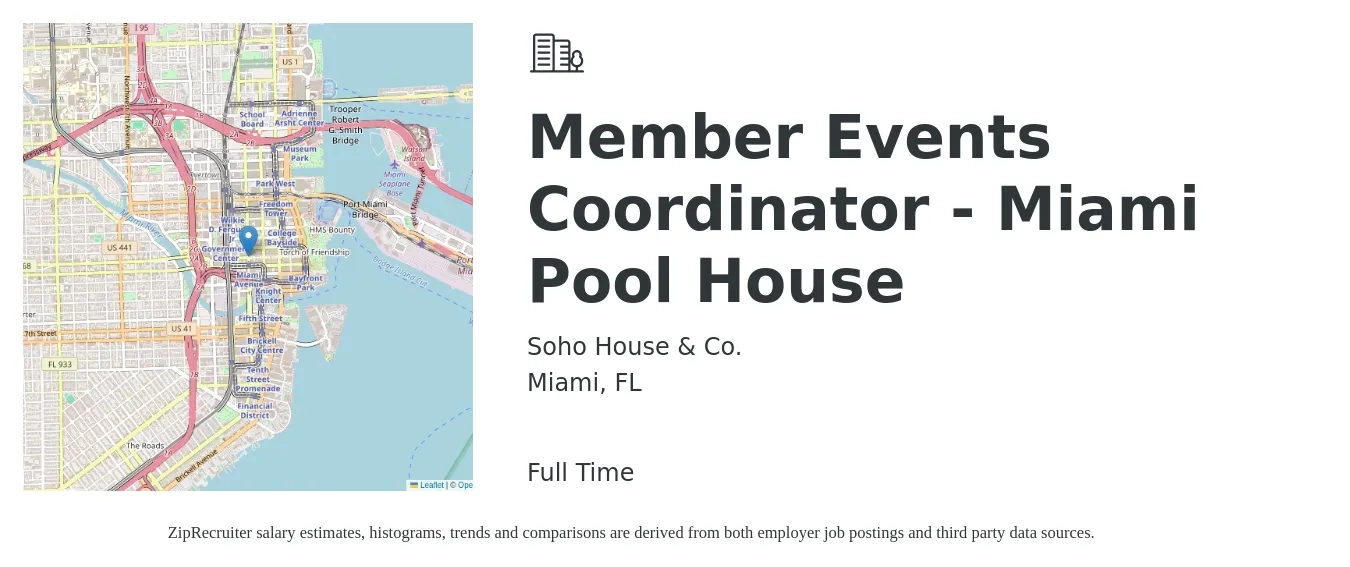Soho House & Co. job posting for a Member Events Coordinator - Miami Pool House in Miami, FL with a salary of $19 to $28 Hourly with a map of Miami location.