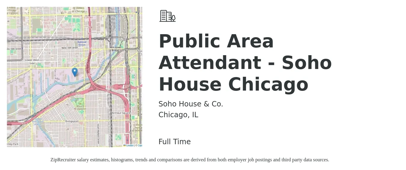 Soho House & Co. job posting for a Public Area Attendant - Soho House Chicago in Chicago, IL with a salary of $14 to $18 Hourly with a map of Chicago location.
