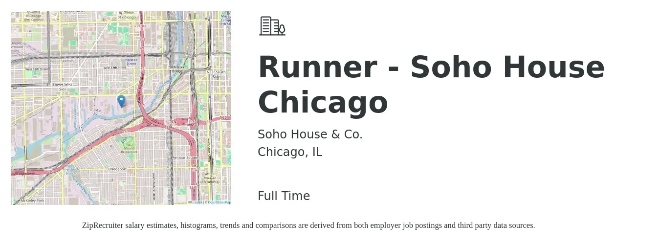 Soho House & Co. job posting for a Runner - Soho House Chicago in Chicago, IL with a salary of $11 to $17 Hourly with a map of Chicago location.