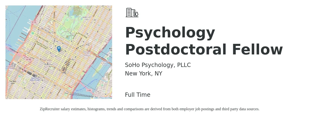 SoHo Psychology, PLLC job posting for a Psychology Postdoctoral Fellow in New York, NY with a salary of $50 Hourly with a map of New York location.