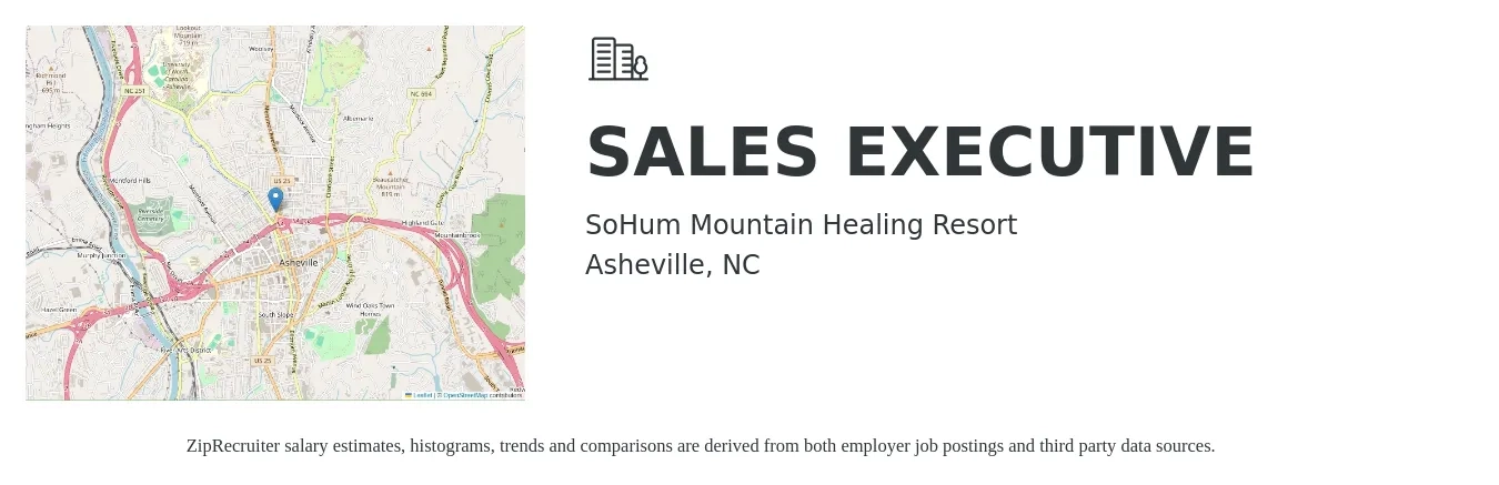 SoHum Mountain Healing Resort job posting for a SALES EXECUTIVE in Asheville, NC with a salary of $70,000 to $85,000 Yearly with a map of Asheville location.