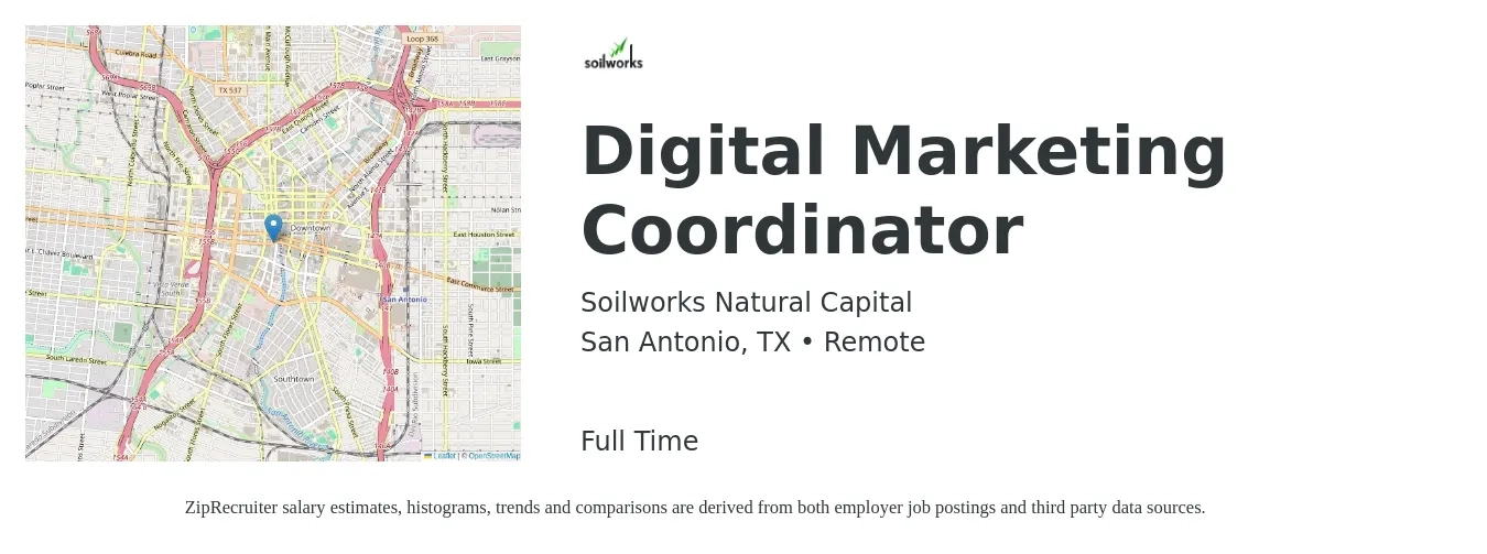 Soilworks Natural Capital job posting for a Digital Marketing Coordinator in San Antonio, TX with a salary of $40,100 to $52,800 Yearly with a map of San Antonio location.
