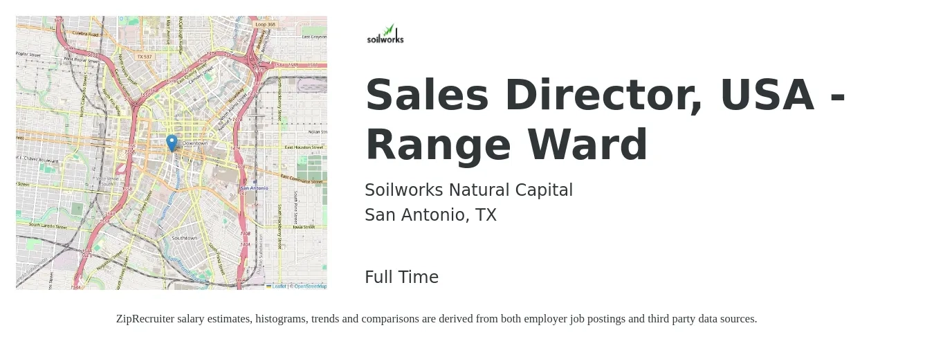 Soilworks Natural Capital job posting for a Sales Director, USA - Range Ward in San Antonio, TX with a salary of $63,600 to $112,700 Yearly with a map of San Antonio location.
