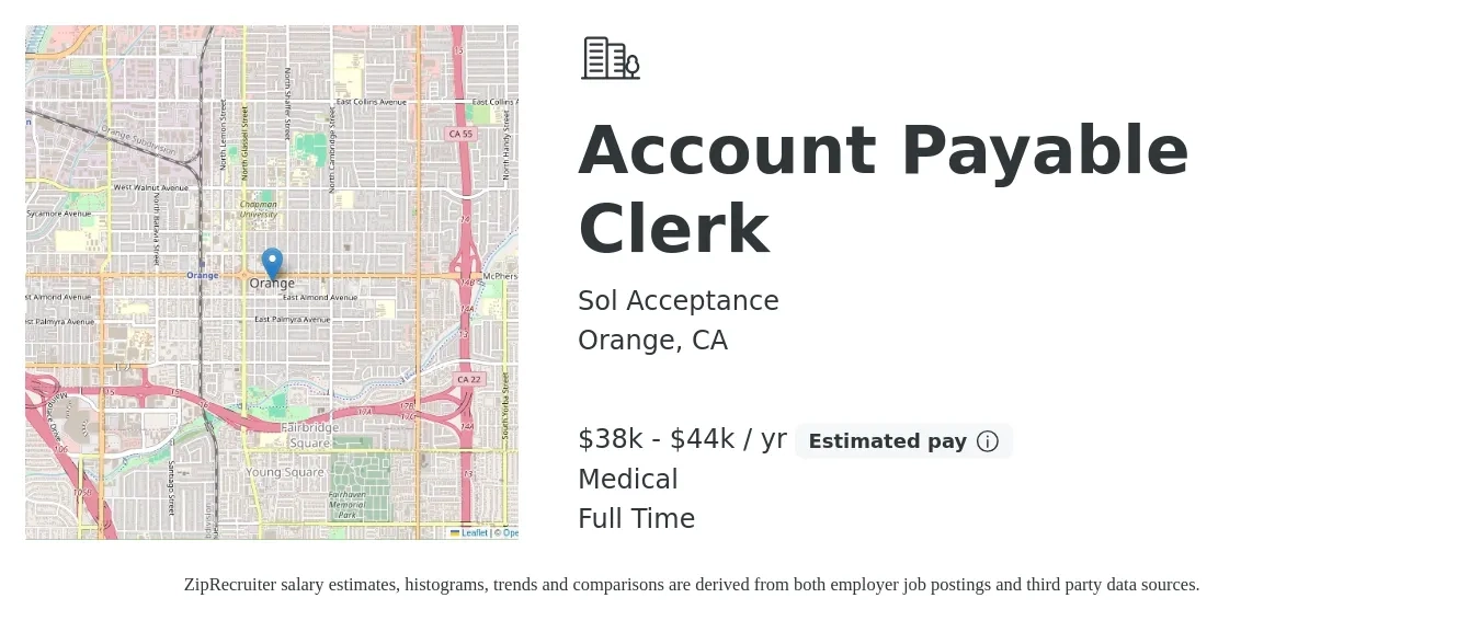 Sol Acceptance job posting for a Account Payable Clerk in Orange, CA with a salary of $38,400 to $44,160 Yearly and benefits including medical with a map of Orange location.