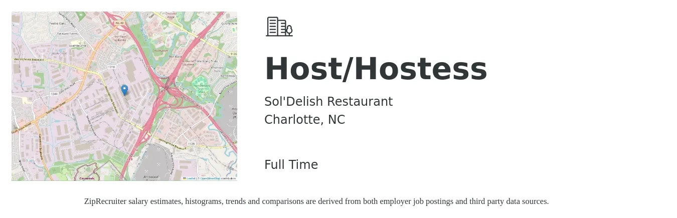Sol'Delish Restaurant job posting for a Host/Hostess in Charlotte, NC with a salary of $11 to $16 Hourly with a map of Charlotte location.