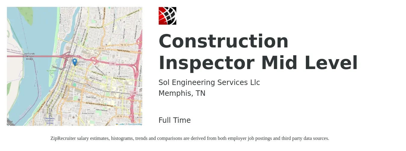 Sol Engineering Services Llc job posting for a Construction Inspector Mid Level in Memphis, TN with a salary of $44,400 to $70,000 Yearly with a map of Memphis location.