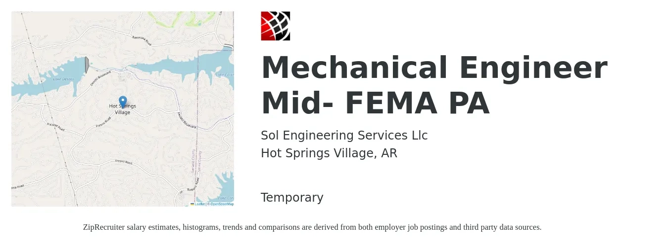 Sol Engineering Services Llc job posting for a Mechanical Engineer Mid- FEMA PA in Hot Springs Village, AR with a salary of $65,000 to $100,800 Yearly with a map of Hot Springs Village location.