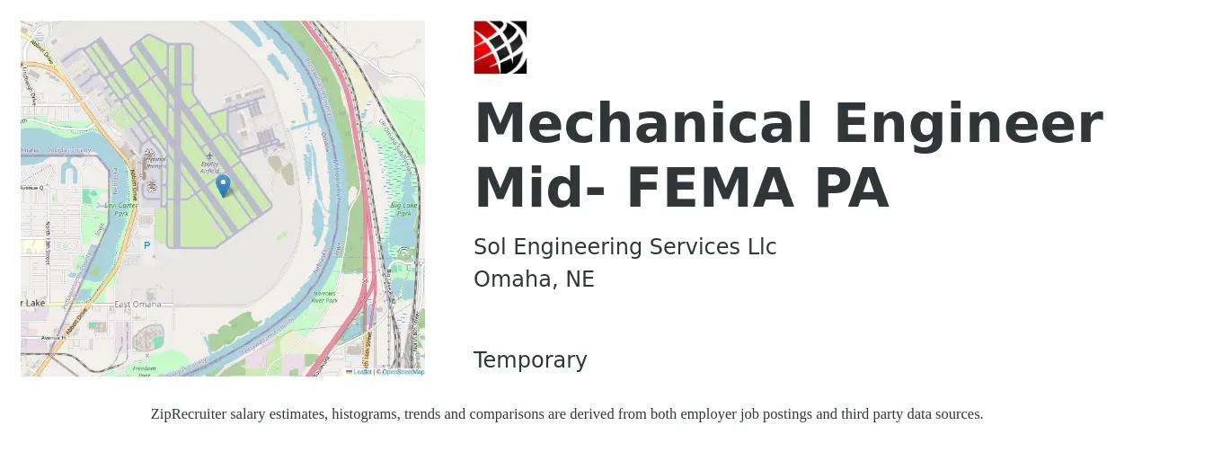 Sol Engineering Services Llc job posting for a Mechanical Engineer Mid- FEMA PA in Omaha, NE with a salary of $75,900 to $117,800 Yearly with a map of Omaha location.