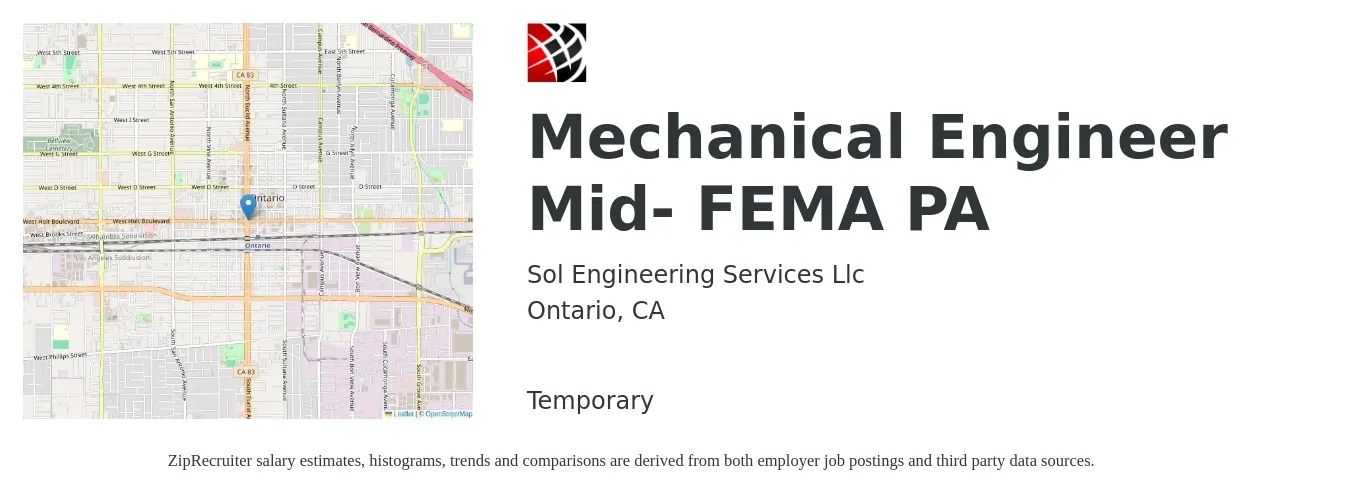 Sol Engineering Services Llc job posting for a Mechanical Engineer Mid- FEMA PA in Ontario, CA with a salary of $81,800 to $127,000 Yearly with a map of Ontario location.