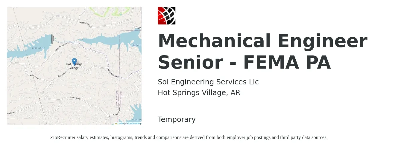Sol Engineering Services Llc job posting for a Mechanical Engineer Senior - FEMA PA in Hot Springs Village, AR with a salary of $83,300 to $110,000 Yearly with a map of Hot Springs Village location.