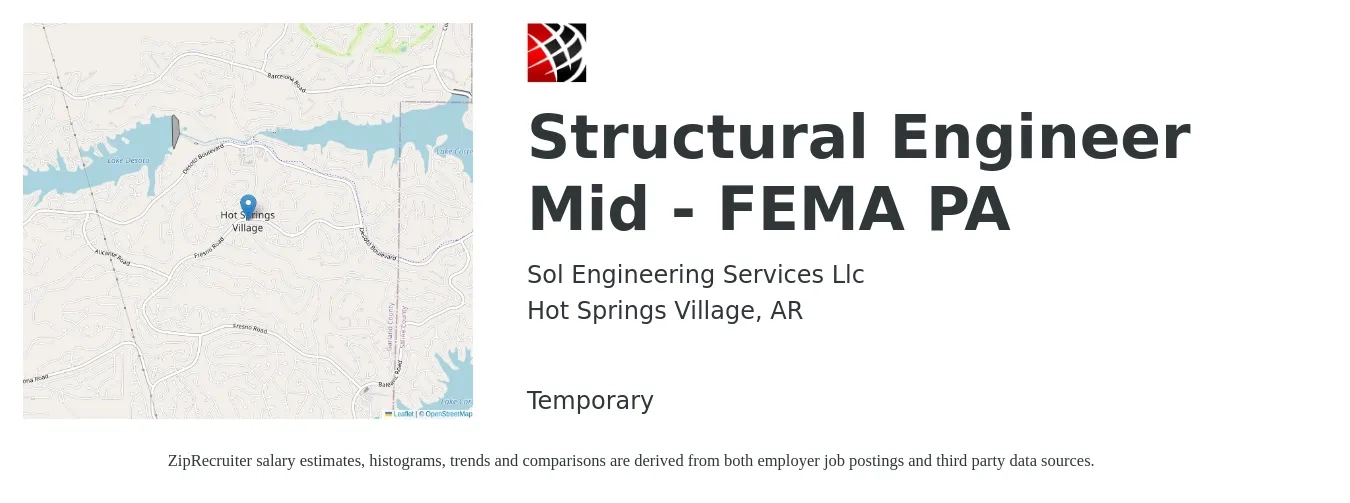 Sol Engineering Services Llc job posting for a Structural Engineer Mid - FEMA PA in Hot Springs Village, AR with a salary of $63,800 to $90,100 Yearly with a map of Hot Springs Village location.
