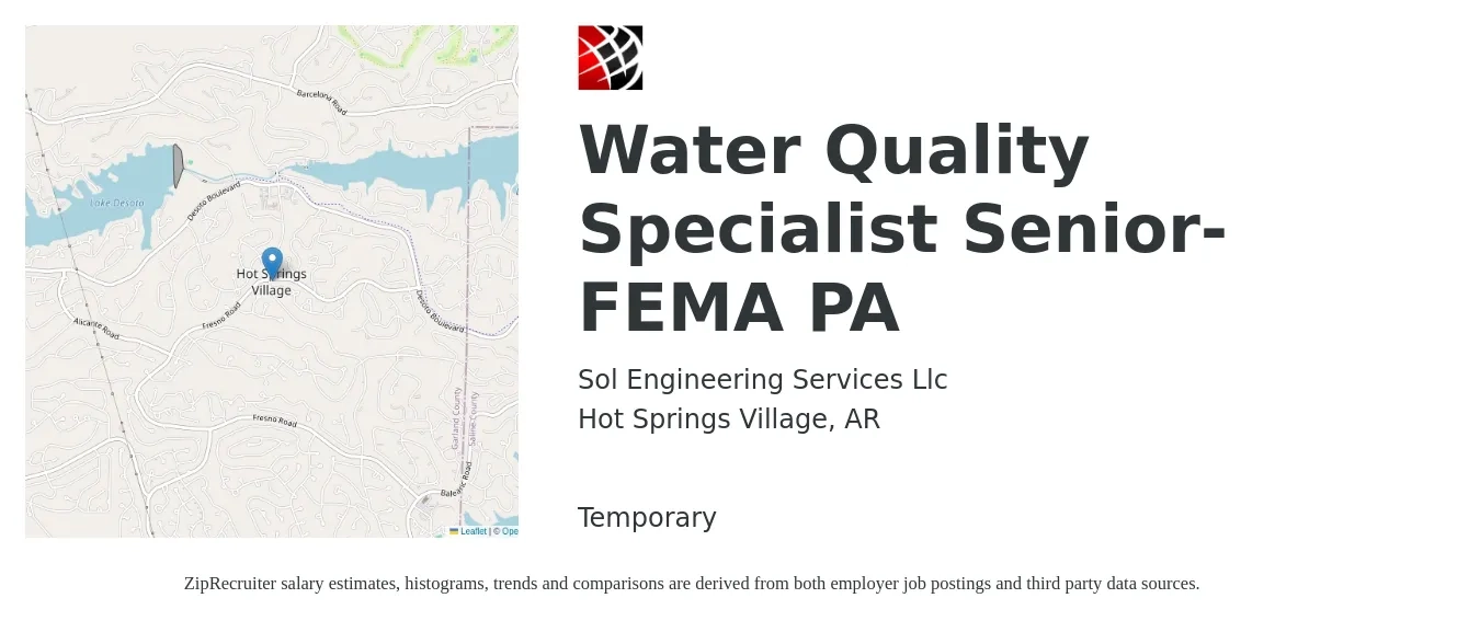 Sol Engineering Services Llc job posting for a Water Quality Specialist Senior-FEMA PA in Hot Springs Village, AR with a salary of $65,800 to $90,500 Yearly with a map of Hot Springs Village location.
