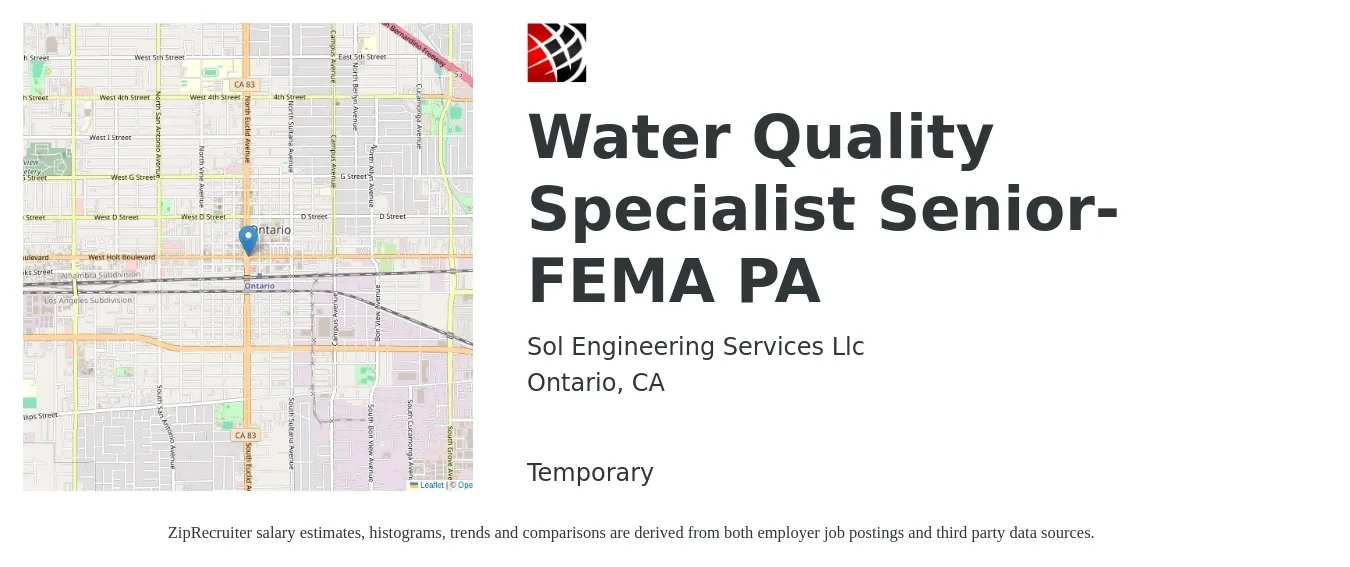 Sol Engineering Services Llc job posting for a Water Quality Specialist Senior-FEMA PA in Ontario, CA with a salary of $82,800 to $113,900 Yearly with a map of Ontario location.