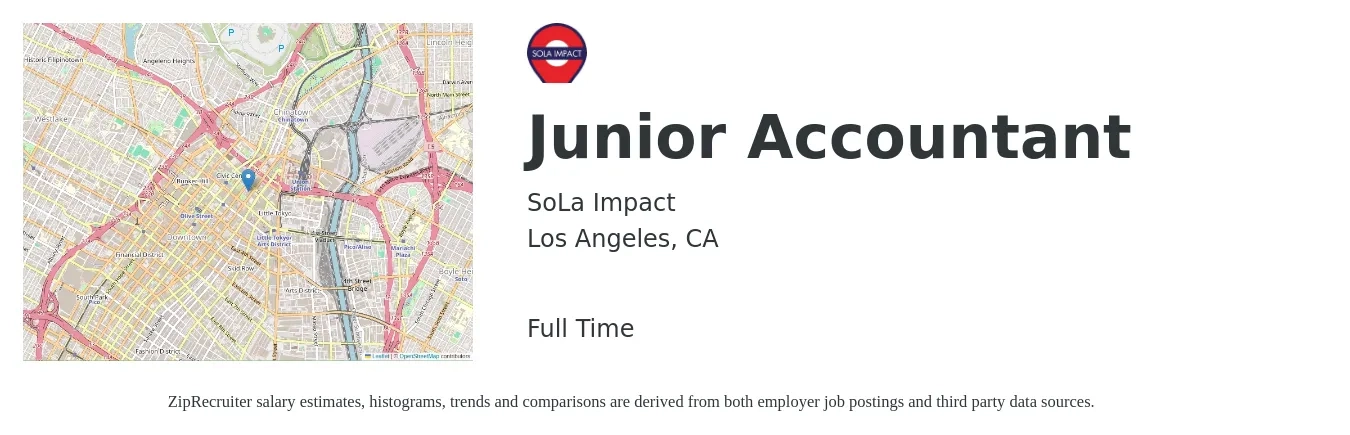 SoLa Impact job posting for a Junior Accountant in Los Angeles, CA with a salary of $45,000 to $52,000 Yearly with a map of Los Angeles location.