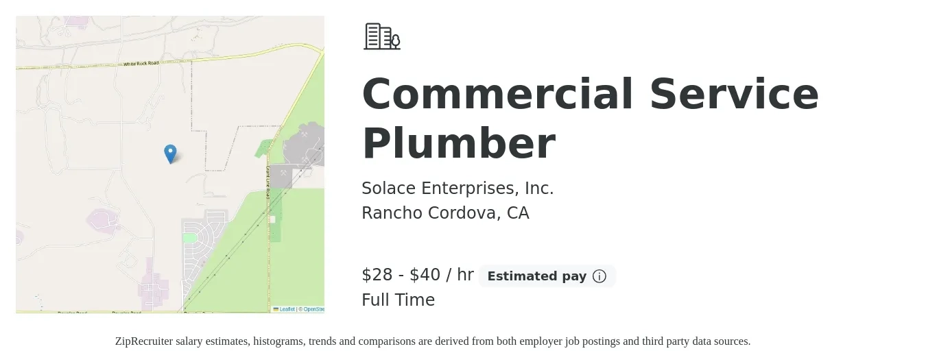 Solace Enterprises, Inc. job posting for a Commercial Service Plumber in Rancho Cordova, CA with a salary of $30 to $42 Hourly with a map of Rancho Cordova location.