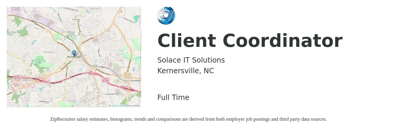 Solace IT Solutions job posting for a Client Coordinator in Kernersville, NC with a salary of $16 to $22 Hourly with a map of Kernersville location.