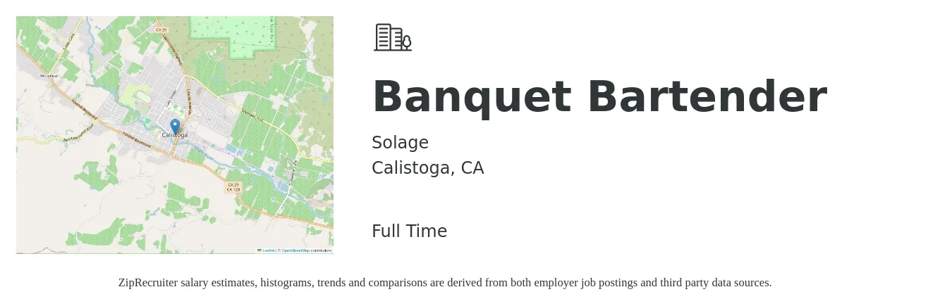 Solage job posting for a Banquet Bartender in Calistoga, CA with a salary of $30 Hourly with a map of Calistoga location.