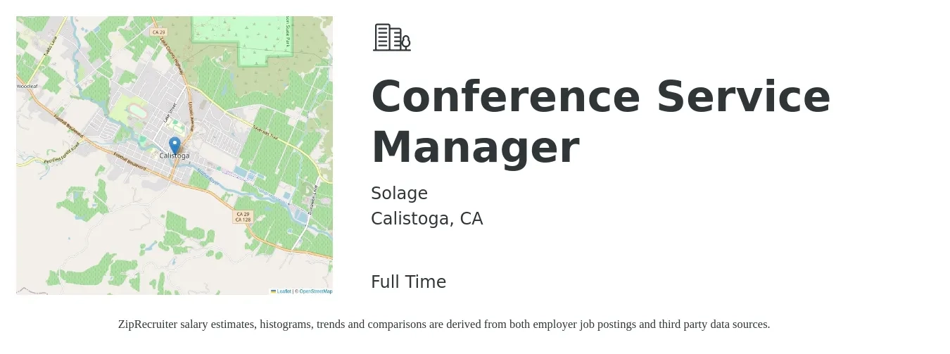 Solage job posting for a Conference Service Manager in Calistoga, CA with a salary of $7,500 Monthly with a map of Calistoga location.