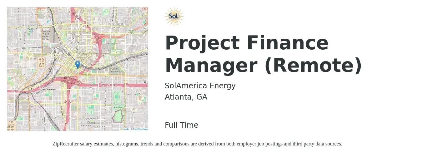 SolAmerica Energy job posting for a Project Finance Manager (Remote) in Atlanta, GA with a salary of $47 to $72 Hourly with a map of Atlanta location.