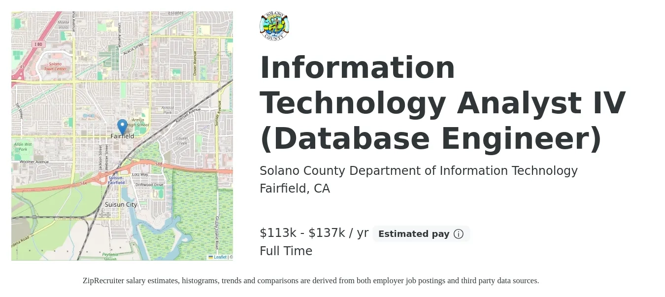 Solano County Department of Information Technology job posting for a Information Technology Analyst IV (Database Engineer) in Fairfield, CA with a salary of $113,189 to $137,581 Yearly with a map of Fairfield location.