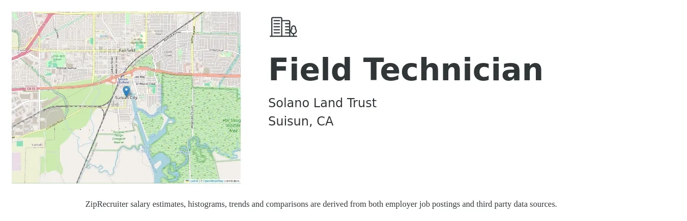 Solano Land Trust job posting for a Field Technician in Suisun, CA with a salary of $20 to $23 Hourly with a map of Suisun location.