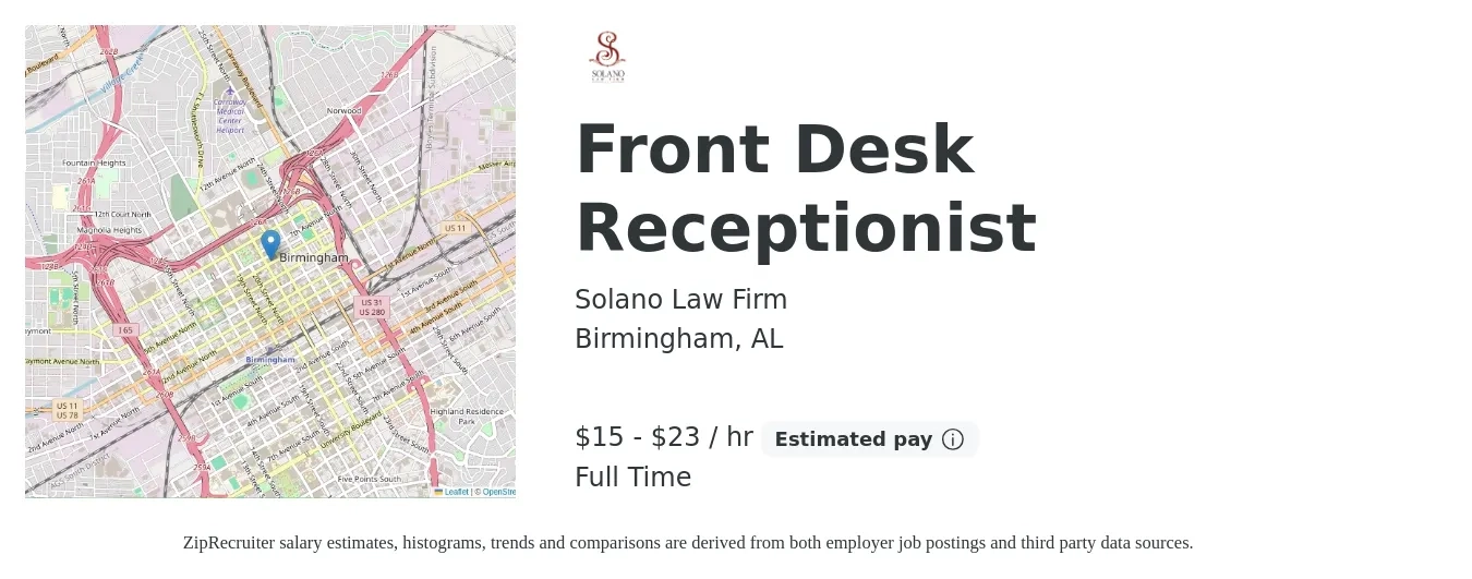 Solano Law Firm job posting for a Front Desk Receptionist in Birmingham, AL with a salary of $16 to $24 Hourly with a map of Birmingham location.