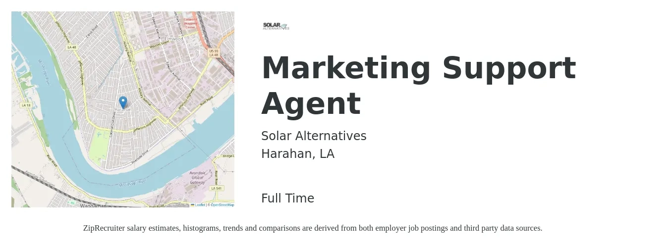 Solar Alternatives job posting for a Marketing Support Agent in Harahan, LA with a salary of $40,000 to $60,000 Yearly with a map of Harahan location.