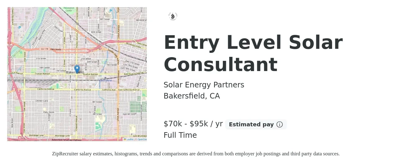 Solar Energy Partners job posting for a Entry Level Solar Consultant in Bakersfield, CA with a salary of $70,000 to $95,000 Yearly with a map of Bakersfield location.