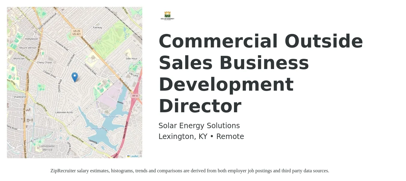 Solar Energy Solutions job posting for a Commercial Outside Sales Business Development Director in Lexington, KY with a salary of $59,100 to $87,000 Yearly with a map of Lexington location.